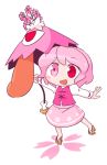  1girl alternate_color balancing byourou chibi heterochromia karakasa_obake open_mouth pink_eyes pink_hair red_eyes short_hair skirt smile solo tatara_kogasa touhou umbrella 