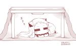  1girl =_= commentary horns kantai_collection kotatsu long_hair lying mittens monochrome northern_ocean_hime on_stomach sleeping solo table twitter_username under_kotatsu under_table yamato_nadeshiko zzz 