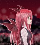  1girl :o bat_wings blush breasts collared_shirt dress_shirt hair_over_breasts head_wings juliet_sleeves koakuma light_particles long_hair long_sleeves necktie night night_sky profile puffy_sleeves red red_eyes redhead reimei_(r758120518) shirt sky solo touhou vest white_shirt wings 