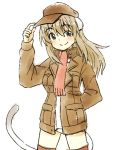  1girl animal_ears blue_eyes blush brown_legwear cat_ears cat_tail cowboy_shot hand_on_headwear hatopo_(beach7pijon) light_brown_hair long_hair long_sleeves scarf simple_background smile solo strike_witches tail thigh-highs white_background wilma_bishop 