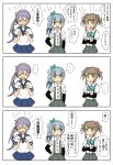  &gt;_&lt; ... 3girls 3koma absurdres akebono_(kantai_collection) anger_vein arm_warmers bell blue_skirt brown_hair comic crossed_arms double_bun flower grey_skirt hair_bell hair_flower hair_ornament hand_on_hip highres iwazoukin kantai_collection kasumi_(kantai_collection) michishio_(kantai_collection) multiple_girls neckerchief pleated_skirt ponytail purple_hair school_uniform serafuku short_hair short_sleeves side_ponytail skirt suspenders sweat translation_request twintails 