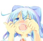  1girl blue_bow blue_eyes blue_hair bow cirno commentary_request crying fang hair_bow highres one_eye_closed open_mouth short_hair short_sleeves simple_background solo tears touhou 