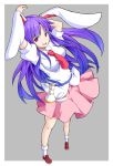  1girl animal_ears arms_up breasts gun handgun highres ishimu large_breasts legacy_of_lunatic_kingdom long_hair necktie open_mouth pink_eyes puffy_short_sleeves puffy_sleeves purple_hair rabbit_ears reisen_udongein_inaba shirt short_sleeves skirt smile solo touhou very_long_hair weapon 