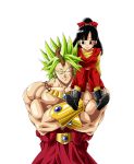  1boy 1girl bangs black_eyes black_hair bow broly crossed_arms dougi dragon_ball dragon_ball_z eto_(etc_eto) green_hair hair_bow highres no_pupils pan_(dragon_ball) shirtless sitting_on_shoulder sweatdrop tail vambraces 