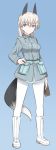  1girl animal_ears blue_eyes blush eila_ilmatar_juutilainen long_hair looking_at_viewer military military_uniform pantyhose shimada_fumikane silver_hair simple_background smile solo strike_witches tail uniform white_legwear 