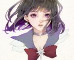  1girl aco_(usausausa) bishoujo_senshi_sailor_moon black_hair choker earrings eyelashes face floating_hair jewelry open_mouth parted_lips sailor_saturn short_hair solo tomoe_hotaru violet_eyes 