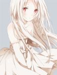  1girl albino bare_shoulders blonde_hair detached_sleeves dress hiro_(hirohiro31) long_hair long_sleeves looking_at_viewer original red_eyes solo v_arms very_long_hair white_dress white_hair 