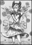  1girl 2015 cc3323 double_bun dress greyscale highres jojo_no_kimyou_na_bouken kuujou_jolyne monochrome solo spring_(season) 