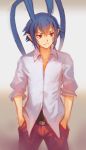  1boy antenna_hair blue_hair cowboy_shot disgaea doomfest hands_in_pockets highres laharl male_focus older pointy_ears red_eyes shirt solo 