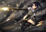  1girl android artificial_arm artificial_legs assault_rifle black_eyes black_hair dreadtie gun highres original ponytail rifle school_uniform signature solo sweater_vest weapon 