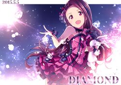  1girl brown_eyes brown_hair dated diamond dress glowing hair_ornament hairband idolmaster ima_(lm_ew) jewelry long_hair minase_iori open_mouth plaid plaid_dress smile solo stuffed_animal stuffed_toy 