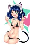  1girl :3 ;) animal_ears bikini black_bikini blue_hair breasts cat_ears cat_tail contrapposto cowboy_shot cropped_legs curly_hair cyan_(show_by_rock!!) deel_(rkeg) detached_collar double_v drill_hair front-tie_bikini front-tie_top green_eyes highres maid_headdress navel one_eye_closed open_mouth short_hair show_by_rock!! side-tie_bikini smile solo star star-shaped_pupils swimsuit symbol-shaped_pupils tail under_boob v wide_hips 