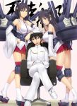  1boy 2girls admiral_(kantai_collection) ankle_socks bare_shoulders blue_eyes breasts crossed_legs darkmaya detached_sleeves fusou_(kantai_collection) gloves hair_ornament hand_on_hip hat kantai_collection large_breasts long_hair looking_at_viewer machinery military military_uniform multiple_girls naval_uniform nontraditional_miko peaked_cap pleated_skirt red_skirt sandals short_hair skirt sweat uniform white_gloves yamashiro_(kantai_collection) 
