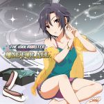  1girl album_cover barefoot black_eyes black_hair cardigan cover earrings highres idolmaster jewelry jpeg_artifacts kikuchi_makoto shoebox shoes shorts 