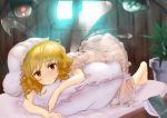  1girl barefoot blonde_hair blush drill_hair fairy_wings looking_at_viewer luna_child lying nightgown on_bed on_stomach pillow polpol puffy_sleeves red_eyes see-through short_hair short_sleeves solo sunlight touhou wings 