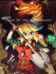  1girl amulet blonde_hair cadence_(necrodancer) copyright_name crypt_of_the_necrodancer dragon english gloves green_eyes jewelry long_hair looking_at_viewer serious shovel solo straynight tagme worktool 
