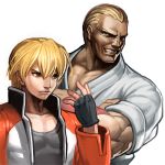  2boys blonde_hair blue_eyes crossed_arms fatal_fury father_and_son fingerless_gloves geese_howard gloves grin male_focus mark_of_the_wolves multiple_boys muscle oetarou rock_howard short_hair smile snk tan time_paradox 