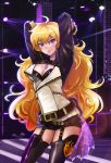  1girl belt blonde_hair breasts cleavage long_hair rwby solo thigh-highs violet_eyes yang_xiao_long 