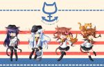  4girls akatsuki_(kantai_collection) anchor_symbol animal_ears black_hair black_legwear black_skirt brown_hair cat cat_day cat_ears cat_tail fang flat_cap hair_ornament hairclip hat hibiki_(kantai_collection) ikazuchi_(kantai_collection) inazuma_(kantai_collection) kantai_collection kemonomimi_mode kneehighs long_hair mizitter multiple_girls neckerchief one_eye_closed pantyhose pleated_skirt school_uniform serafuku short_hair silver_hair skirt tail thigh-highs 