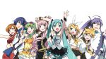  3boys 5girls alternate_costume aqua_eyes armpits blonde_hair blue_eyes blue_hair brown_hair detached_sleeves exit_tunes fan goggles green_eyes green_hair gumi hair_ornament hair_ribbon hairclip hatsune_miku highres kagamine_len kagamine_rin kaito kamui_gakupo kanzaki_hiro long_hair megurine_luka meiko multiple_boys multiple_girls necktie pink_hair purple_hair ribbon short_hair shorts skirt thigh-highs twintails very_long_hair violet_eyes vocaloid white_background zettai_ryouiki 