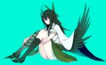  1girl alternate_eye_color black_hair black_legwear black_wings cape fakepucco full_body green_background hair_ornament hair_ribbon kneehighs legs_up long_hair mismatched_legwear open_mouth pink_hair puffy_sleeves reiuji_utsuho ribbon shirt short_sleeves simple_background single_kneehigh sitting skirt solo third_eye touhou upskirt wings 