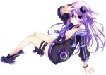  1girl absurdres adult_neptune blush boots breasts choujigen_game_neptune cleavage highres hooded_track_jacket long_hair neptune_(series) off_shoulder purple_hair shin_jigen_game_neptune_vii smile v violet_eyes 