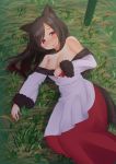  1girl animal_ears bare_shoulders binsen blush breasts brooch brown_hair cleavage dress grass imaizumi_kagerou jewelry long_hair looking_at_viewer lying open_mouth red_eyes solo sweat tail touhou wolf_ears wolf_tail 