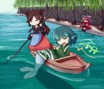  3girls animal_ears blue_hair blush boat bow brooch brown_hair cape closed_eyes dress fish_tail fishing fishing_rod frilled_dress frills hair_bow head_fins high_collar imaizumi_kagerou japanese_clothes jewelry kimono long_hair long_sleeves mermaid monster_girl multiple_girls musical_note open_mouth outdoors redhead sekibanki shoes short_hair singing street_dog touhou tree wakasagihime water wide_sleeves wolf_ears 