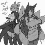  2girls animal_ears breasts character_request cleavage crossed_arms fox_ears fox_tail greyscale large_breasts long_hair monochrome multiple_girls multiple_tails pas_(paxiti) showgirl_skirt sketch tail thank_you thigh-highs 