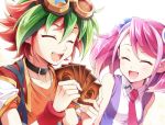  1boy 1girl :d bag bracelet card chikariya choker goggles goggles_on_head green_hair happy hiiragi_yuzu jacket_on_shoulders jewelry multicolored_hair necktie open_mouth pendant pink_hair redhead sakaki_yuuya school_bag short_twintails sleeveless smile twintails two-tone_hair yuu-gi-ou yuu-gi-ou_arc-v 