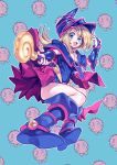  1girl amezawa_koma bare_shoulders blonde_hair blue_boots blue_eyes blush_stickers boots breasts choker cleavage dark_magician_girl duel_monster full_body hat kuriboh long_hair open_mouth pentacle smile solo staff wizard_hat yuu-gi-ou yuu-gi-ou_duel_monsters 