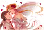  1boy 1girl ant_(zeronez) bare_shoulders bishoujo_senshi_sailor_moon black_hair blush bridal_veil bride closed_eyes couple double_bun elbow_gloves flower gloves hair_flower hair_ornament happy hetero petals red_rose rose rose_petals seiya_kou tsukino_usagi twintails veil wedding 