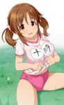  1girl breasts brown_eyes brown_hair buruma gym_uniform highres idolmaster idolmaster_cinderella_girls long_hair natsuya solo totoki_airi twintails 