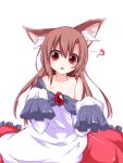  1girl ? animal_ears asn_s brooch brown_hair child clothes_down fang highres imaizumi_kagerou jewelry long_hair looking_at_viewer off_shoulder oversized_clothes red_eyes red_skirt sitting skirt skirt_set sleeves_past_wrists small_breasts tail touhou wide_sleeves wolf_ears wolf_tail younger 