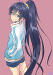  1girl antenna_hair black_hair blue_eyes earrings from_behind ganaha_hibiki green_eyes grin hands_in_pockets idolmaster isshiki_(ffmania7) jewelry long_hair long_sleeves looking_at_viewer looking_back pink_background ponytail scrunchie short_shorts shorts sketch smile solo very_long_hair 