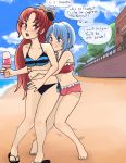  artist_name barefoot beach bikini blue_eyes blue_hair caffeccino clouds english flip-flops food frilled_bikini frills ice_cream mahou_shoujo_madoka_magica miki_sayaka ponytail red_eyes redhead sakura_kyouko sandals side-tie_bikini striped striped_bikini striped_swimsuit swimsuit tree yuri 