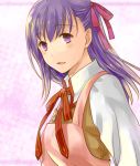  1girl apron hair_ribbon kacoike lowres matou_sakura purple_hair ribbon school_uniform solo violet_eyes 