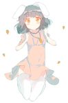  1girl alternate_eye_color animal_ears black blush carrot dress inaba_tewi jewelry jumping looking_at_viewer looking_down necklace orange_eyes pink_dress pokan_(xz1128) puffy_sleeves rabbit_ears short_hair short_sleeves simple_background smile solo thigh-highs touhou white_background white_legwear zettai_ryouiki 