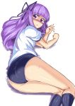  1girl aikatsu! ass blush buruma gym_uniform hair_ribbon hikami_sumire long_hair musasinodaichi purple_hair ribbon solo tears violet_eyes 