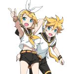  1boy 1girl aqua_eyes belt blonde_hair bracelet exit_tunes hair_ribbon headset highres jewelry kagamine_len kagamine_rin kanzaki_hiro neck_ribbon necktie ribbon short_hair shorts transparent_background vocaloid 