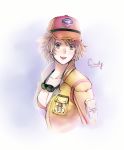  1girl baseball_cap blonde_hair breasts character_name cidney_(final_fantasy) cleavage dirty_face final_fantasy final_fantasy_xv goggles goggles_around_neck green_eyes hat jacket parted_lips shiu_(puregirl4122) short_hair smile solo typo 