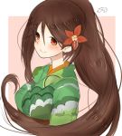  1girl amagi_(kantai_collection) breasts brown_eyes brown_hair close-up flower furisode hair_between_eyes hair_flower hair_ornament highres japanese_clothes kantai_collection kimono large_breasts long_hair looking_at_viewer mole mole_under_eye ponytail smile solo 