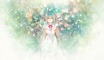  1girl aqua_hair butterfly flower green_eyes hair_ribbon hatsune_miku long_hair raised_hand rei_(456789io) ribbon smile solo traditional_media twintails very_long_hair vocaloid watercolor_(medium) 