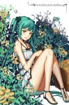  1girl aqua_hair bare_arms bare_legs bare_shoulders cellphone dress hatsune_miku long_hair phone sitting sleeveless sleeveless_dress solo soulkiller twintails very_long_hair vocaloid white_dress yellow_eyes 