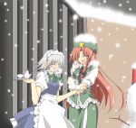  2girls apron blush braid closed_eyes couple food hat hong_meiling ichimura_kanata izayoi_sakuya long_hair maid_apron maid_headdress multiple_girls open_mouth redhead short_hair side_braid snow snowman star touhou twin_braids white_hair 