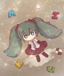  1girl aqua_eyes aqua_hair blush_stickers bow character_name checkerboard_cookie chibi cookie cup detached_sleeves food hair_bow hatsune_miku looking_at_viewer necktie p-man-p-man shirt skirt sleeves_past_wrists smile solo spoon teacup thigh-highs twintails vocaloid 