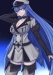  1girl akame_ga_kill! blue_eyes blue_hair boots breasts choker cleavage collarbone esdeath gradient gradient_background hat large_breasts long_hair military military_uniform peaked_cap smile solo thigh-highs thigh_boots uniform very_long_hair 