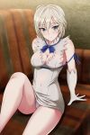  1girl anastasia_(idolmaster) blue_eyes breasts cleavage cleavage_cutout cosplay dress dungeon_ni_deai_wo_motomeru_no_wa_machigatteiru_darou_ka gloves hestia_(danmachi) hestia_(danmachi)_(cosplay) idolmaster idolmaster_cinderella_girls inoshira rei_no_himo ribbon short_hair silver_hair solo 