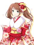  1boy aqua_eyes blush brown_hair crossdressinging idolmaster idolmaster_side-m japanese_clothes kimono long_hair male_focus mizushima_saki otoko_no_ko smile solo twintails 