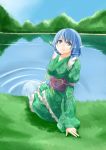  1girl animal_ears blue_eyes blue_hair forest head_fins japanese_clothes kimono lake long_sleeves mermaid misty_lake monster_girl nature obi sash short_hair sitting smile solo touhou tree wakasagihime water wide_sleeves yamada_denki 